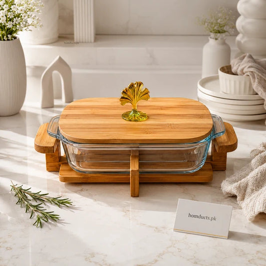 Luxury Glass Serving Dish with Bamboo Lid & Wooden Stand