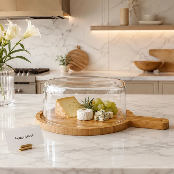 Round Glass Cheese Dome with Bamboo Serving Board & Cake